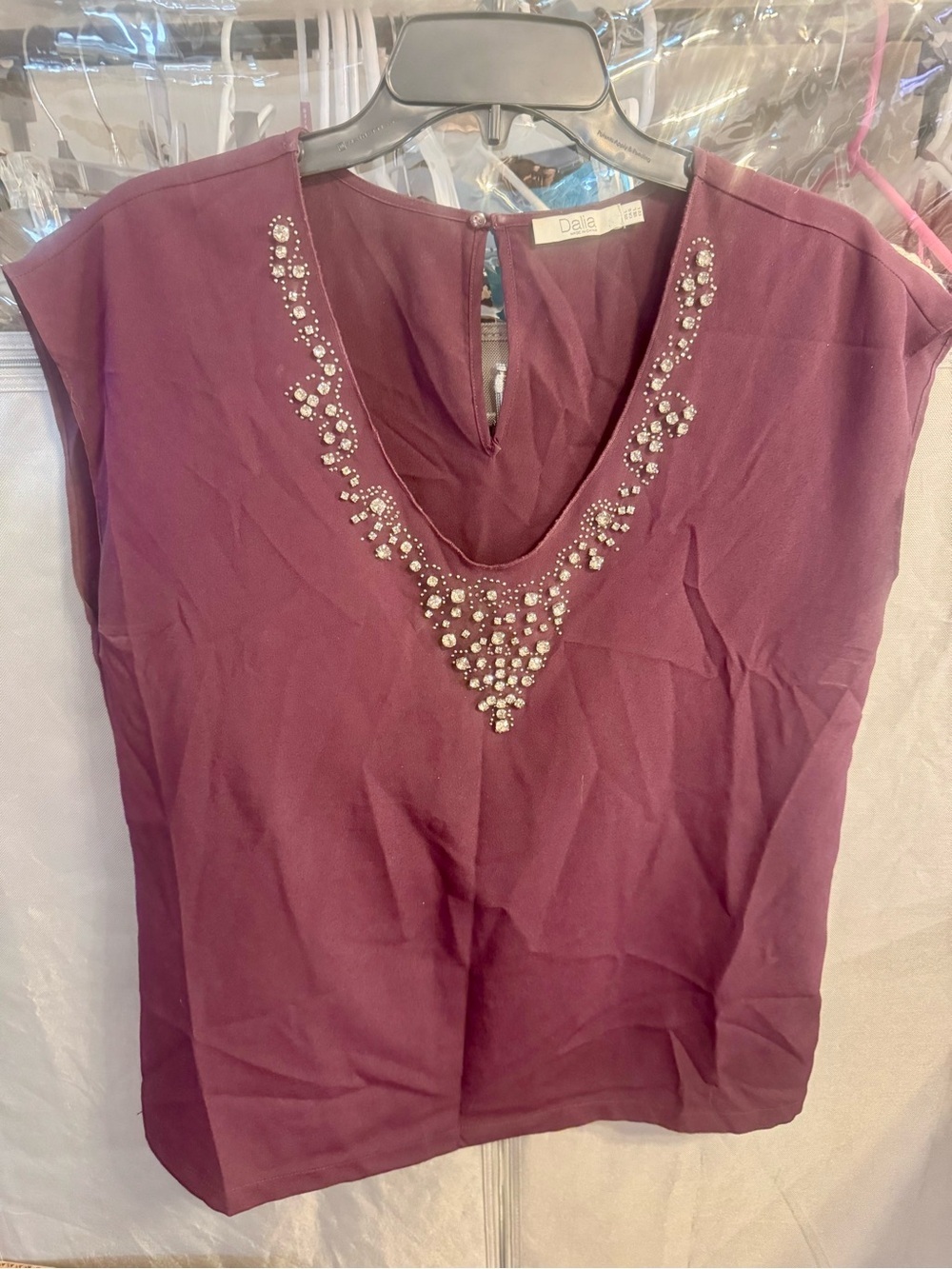 Dalia Women's Sleeveless V-Neck Top with Crystal Embellishment - Plum